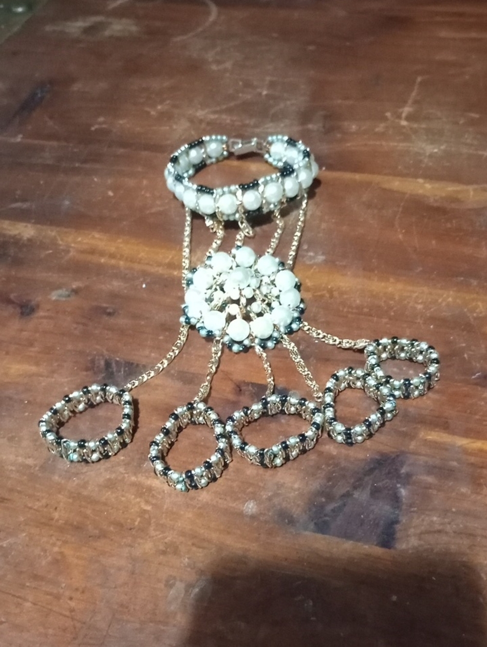 Handcrafted White Pearl and Gold Multi-Ring Statement Bracelet